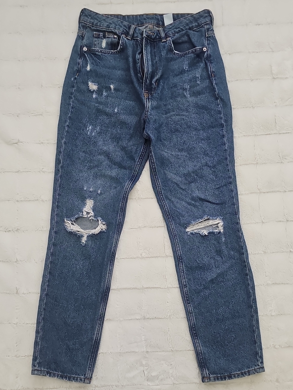 Women's Slim Straight Ripped Jeans in Dark Blue, Y2K